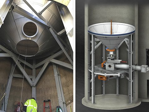 Montage showing two independent floor kits cone bottom hopper, conebottom, cone-bottom, angled hopper, silo skirt, retrofit, silo, reclaimer, unloader, upgrade