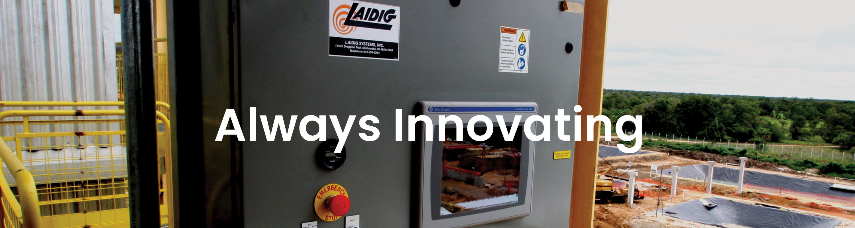 Background image showing Laidig LMI at job site with white text overlay that reads ALWAYS INNOVATING bulk material handling system, bridging, rat-holing, material flow, reclaim, reclaimer, silo unloading, unloader, bulk material storage, reclaim system, dry bulk unloading, grain unloading